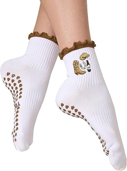 Women's Cute Grip Pilates Socks Non-Slip Yoga Ballet Socks with Ruffle Cuff & Embroidery